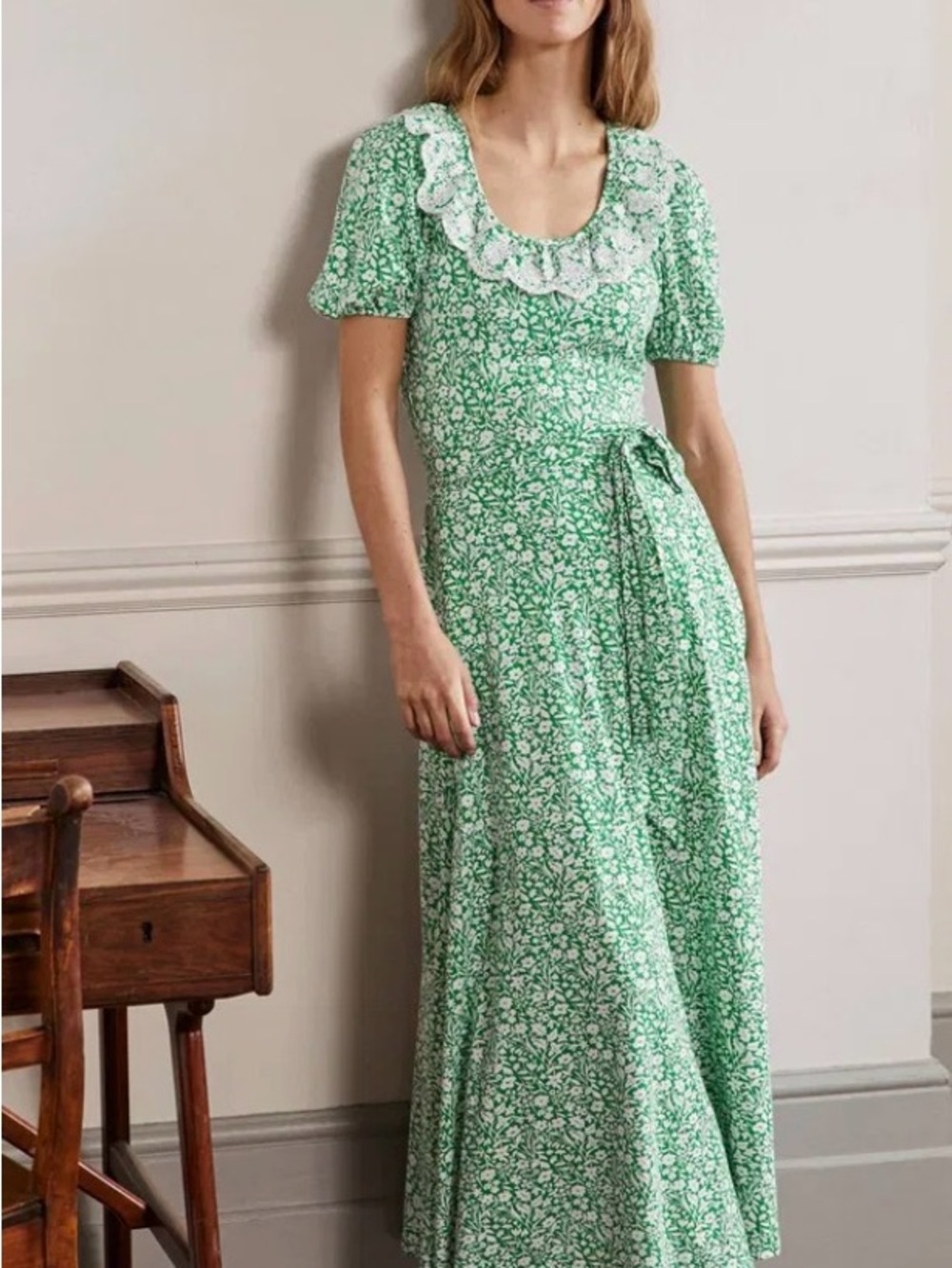 Boden Trim Detail Jersey Midi Dress Rich Emerald Wildflower Sz 6